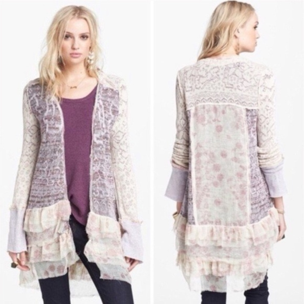 Free People Boho Caspia Floral Lace Gypsy Long Ruffle Bohemian Cardigan
